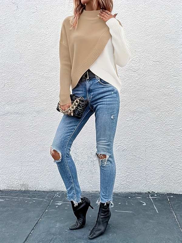 Пуловер с цветен блок, полиестер, кръгло деколте, дълги ръкави, жакардова плетка