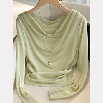 T-särk pikkade varrukatega, ruudukujulise ümmarguse kaelusega, akrilkangas, linnaline stiil, sügis 2024