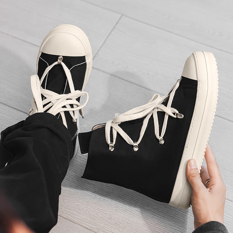 Koreai-stílusú vászon sportcipő, fűzővel, középmagas, 3–5 cm vastag talp, vulkanizált gumitalp