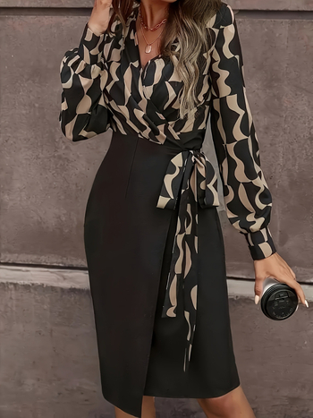 Дамска рокля с дълги ръкави, V-образно деколте, рисунка райета/каре, полиестер с еластан, принцес силует