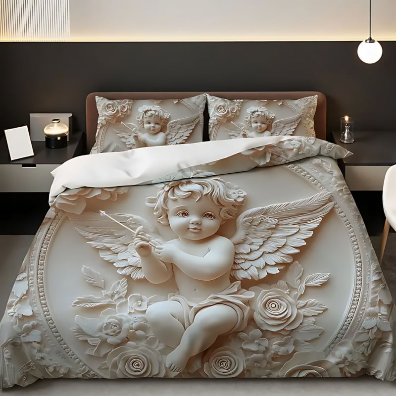 3-частен комплект завивка и калъфки – Angel Rose релефен дизайн, 3D дигитален печат, полиестер-памук, 90 г/м², персонализируем, скандинавски стил