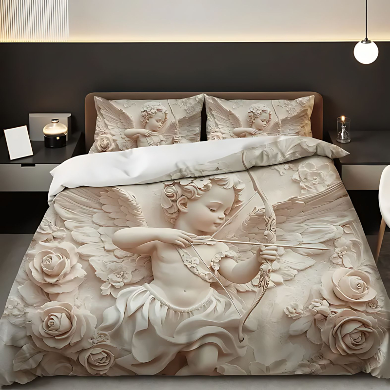 Háromrészes paplanhuzat és párnahuzat készlet – Angel Rose reliefes mintázat, 3D digitális nyomtatás, poliészter-pamut, 90 g/m², testreszabható, nordic stílus