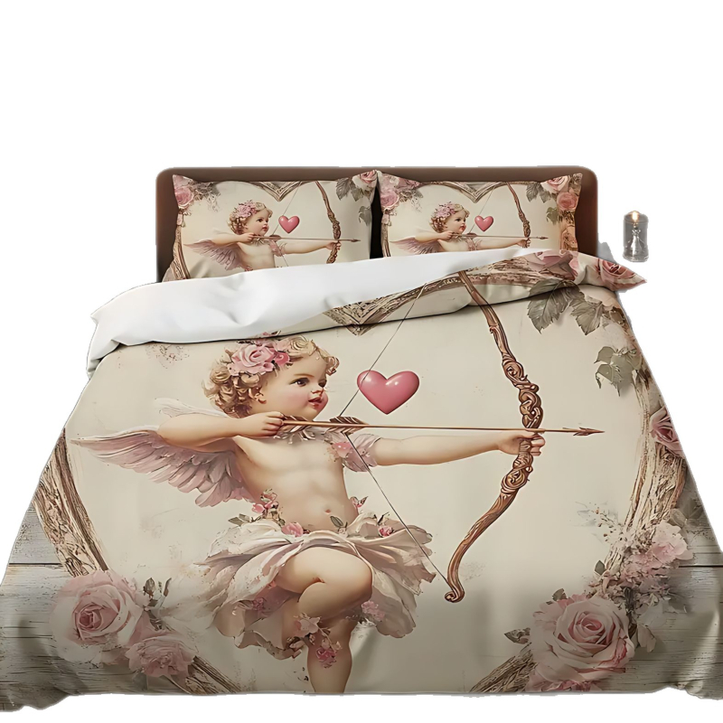 Háromrészes paplanhuzat és párnahuzat készlet – Angel Rose reliefes mintázat, 3D digitális nyomtatás, poliészter-pamut, 90 g/m², testreszabható, nordic stílus