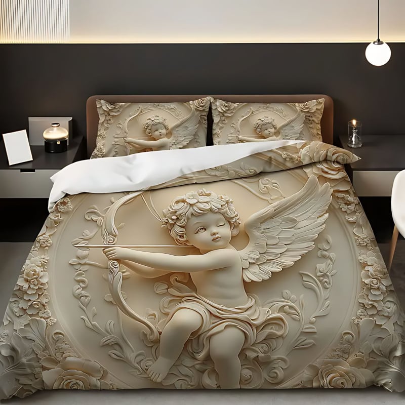 3-частен комплект завивка и калъфки – Angel Rose релефен дизайн, 3D дигитален печат, полиестер-памук, 90 г/м², персонализируем, скандинавски стил