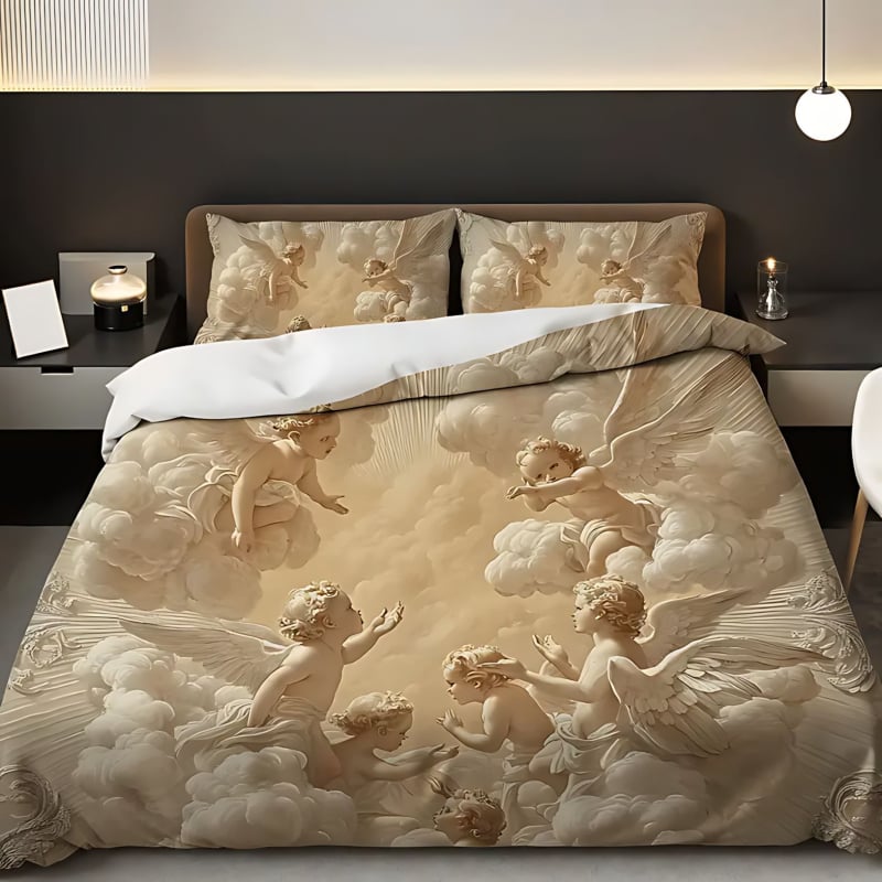 3-частен комплект завивка и калъфки – Angel Rose релефен дизайн, 3D дигитален печат, полиестер-памук, 90 г/м², персонализируем, скандинавски стил