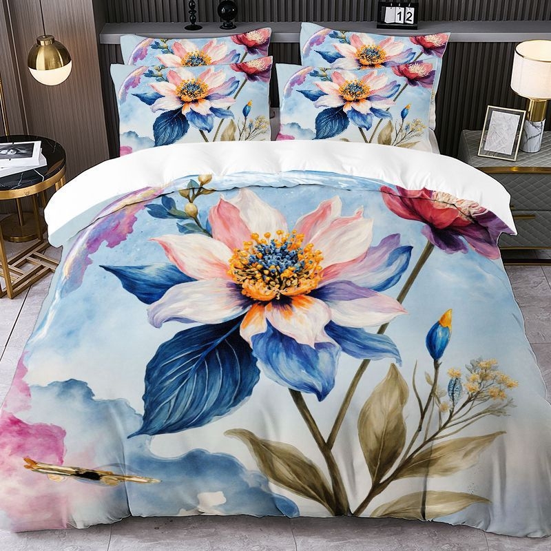 Комплект за завивка от три части с абстрактен принт | Brushed тъкане, Реактивен печат и боядисване, Смес полиестер-памук, Модерен минималистичен стил