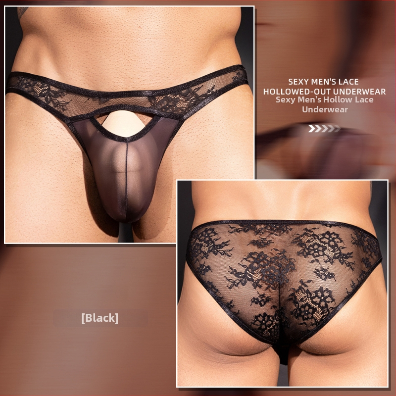 Vīriešu mežģīņu caurspīdīgas biksītes ar atverēm, trīs punktu stils, neilona audums