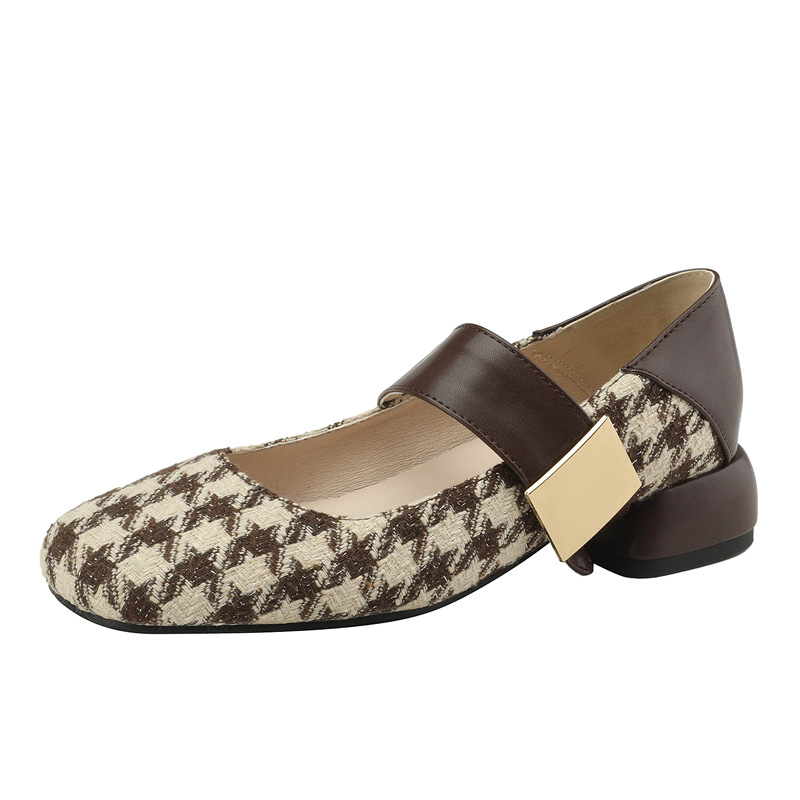 Mary Jane обувки, клетъчна шарка, кръгъл нос, нисък ток 1–3 см, горна част памучен плат