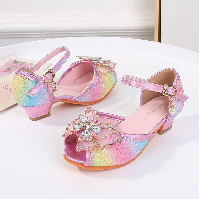 Детски сандали за момичета с катарама, PU горна част, PU вътрешност и PU стелка, TPR подметка, пеперуден декор със пайети, пролет 2025