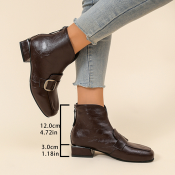 Дамски къси ботуши в британски стил, кръгъл нос, плосък ток, горна част от супер влакна, пластмасова подметка, подплата от имитационна кожа