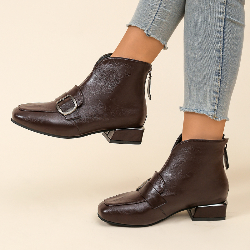 Дамски къси ботуши в британски стил, кръгъл нос, плосък ток, горна част от супер влакна, пластмасова подметка, подплата от имитационна кожа