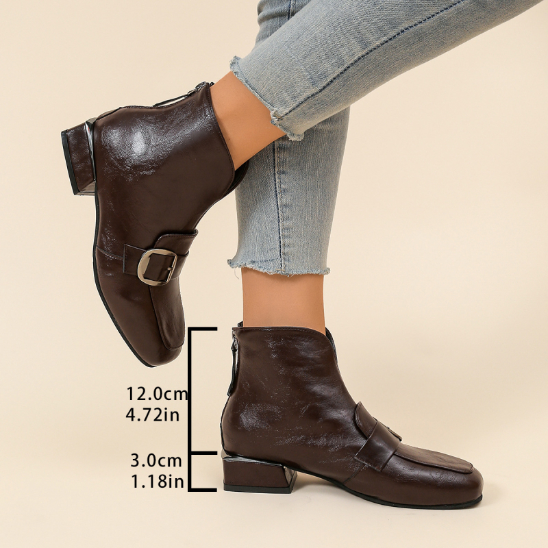 Дамски къси ботуши в британски стил, кръгъл нос, плосък ток, горна част от супер влакна, пластмасова подметка, подплата от имитационна кожа