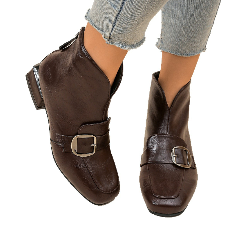 Дамски къси ботуши в британски стил, кръгъл нос, плосък ток, горна част от супер влакна, пластмасова подметка, подплата от имитационна кожа