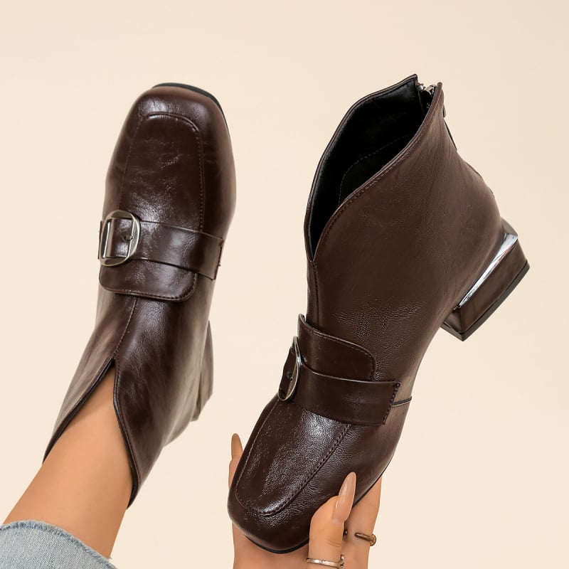 Дамски къси ботуши в британски стил, кръгъл нос, плосък ток, горна част от супер влакна, пластмасова подметка, подплата от имитационна кожа