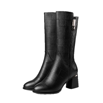 Женски рицарски ботуши: подплатени поларом, PU горна част, страничен цип, заострен нос, квадратен ток