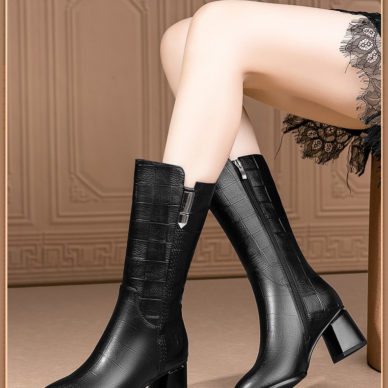 Женски рицарски ботуши: подплатени поларом, PU горна част, страничен цип, заострен нос, квадратен ток