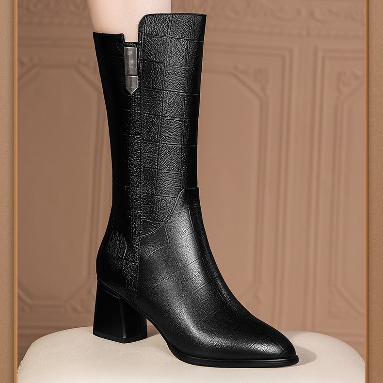 Женски рицарски ботуши: подплатени поларом, PU горна част, страничен цип, заострен нос, квадратен ток