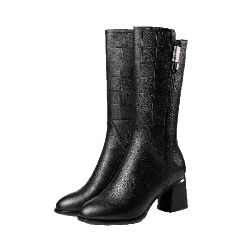 Женски рицарски ботуши: подплатени поларом, PU горна част, страничен цип, заострен нос, квадратен ток