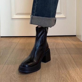 Дамски Челси ботуши от PU кожа, дебел под, висока пета 6-8 см, страничен цип, кръгъл пръст, есенно-зимни 2025