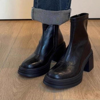 Дамски Челси ботуши от PU кожа, дебел под, висока пета 6-8 см, страничен цип, кръгъл пръст, есенно-зимни 2025