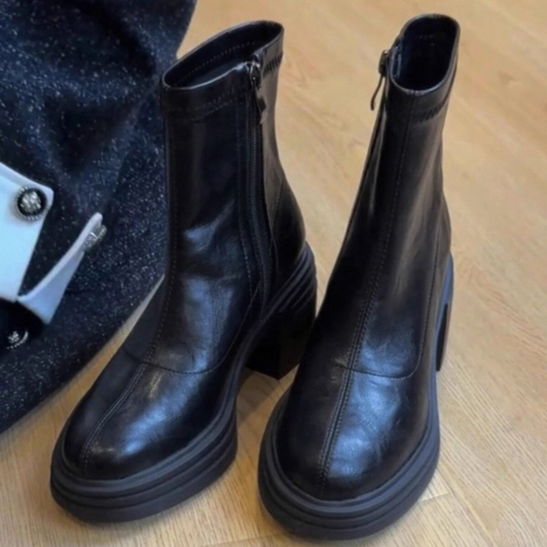 Дамски Челси ботуши от PU кожа, дебел под, висока пета 6-8 см, страничен цип, кръгъл пръст, есенно-зимни 2025