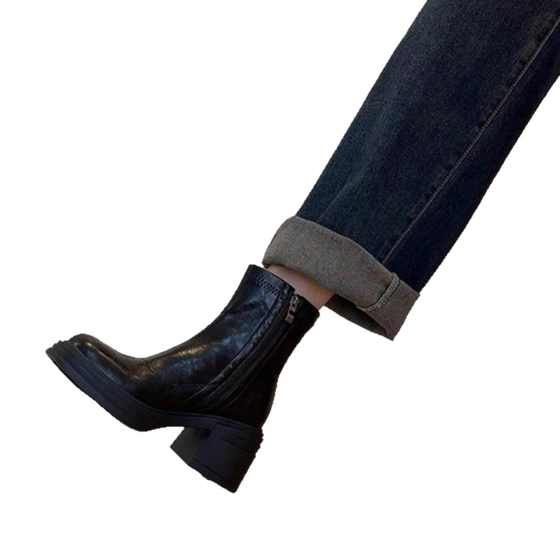 Дамски Челси ботуши от PU кожа, дебел под, висока пета 6-8 см, страничен цип, кръгъл пръст, есенно-зимни 2025