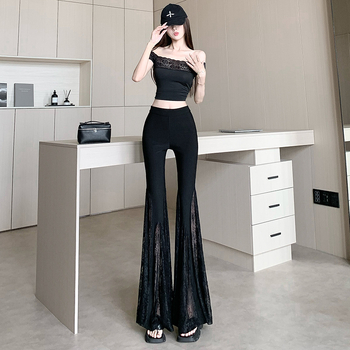 Naiste vabaajakujuline püksid pitsilise paneeliga, kõrge vöökoht, laialiajaline lõige, linna stiil, suvi 2025