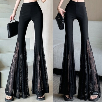 Naiste vabaajakujuline püksid pitsilise paneeliga, kõrge vöökoht, laialiajaline lõige, linna stiil, suvi 2025