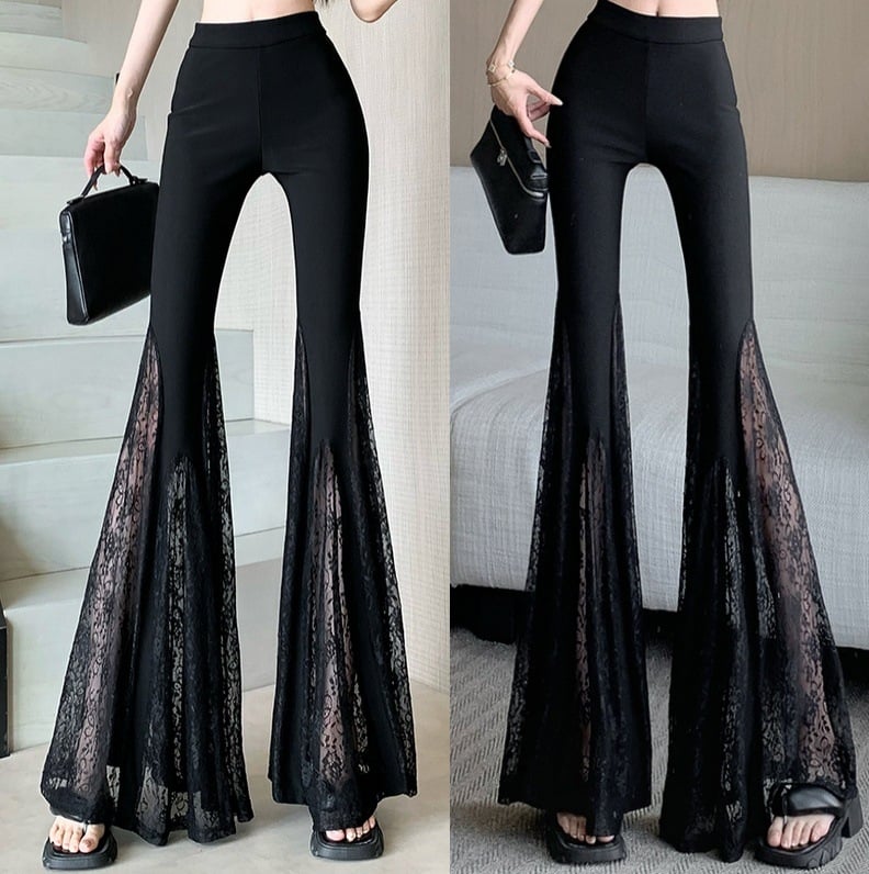 Naiste vabaajakujuline püksid pitsilise paneeliga, kõrge vöökoht, laialiajaline lõige, linna stiil, suvi 2025