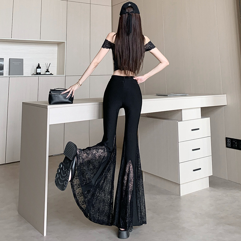 Naiste vabaajakujuline püksid pitsilise paneeliga, kõrge vöökoht, laialiajaline lõige, linna stiil, suvi 2025