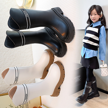 Детски момичешки ботуши до коляното от изкуствена кожа, подплатени с флис, страничен цип, гумена подметка, водоустойчиви.