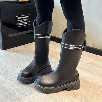 Детски момичешки ботуши до коляното от изкуствена кожа, подплатени с флис, страничен цип, гумена подметка, водоустойчиви.