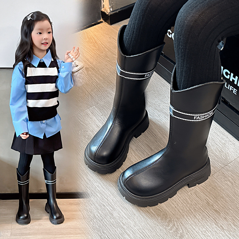 Детски момичешки ботуши до коляното от изкуствена кожа, подплатени с флис, страничен цип, гумена подметка, водоустойчиви.