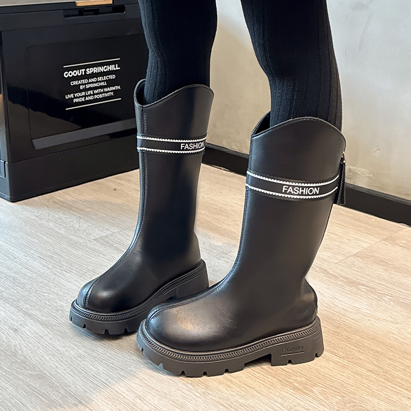 Детски момичешки ботуши до коляното от изкуствена кожа, подплатени с флис, страничен цип, гумена подметка, водоустойчиви.