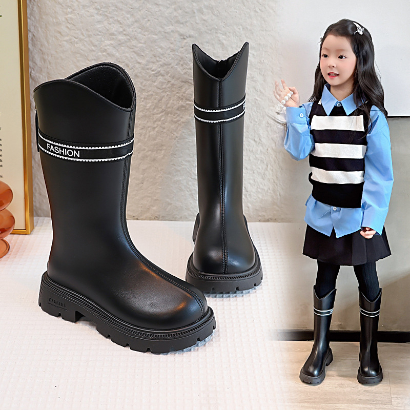 Детски момичешки ботуши до коляното от изкуствена кожа, подплатени с флис, страничен цип, гумена подметка, водоустойчиви.