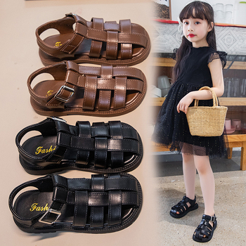 Детски сандали за момичета, летен моден стил; горна част от изкуствена кожа; гумена подметка; велкро закопчаване; нос Baotou; подходящи за деца 7–16 г.