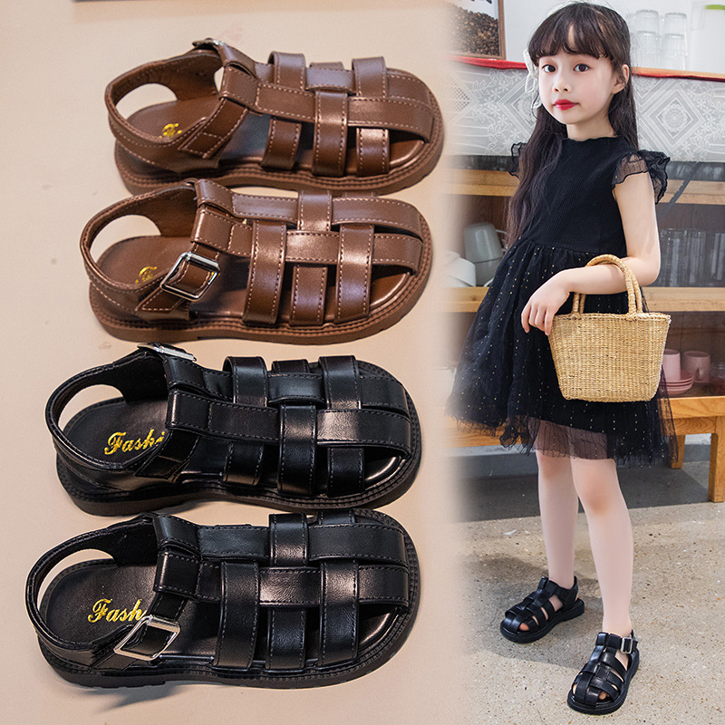 Детски сандали за момичета, летен моден стил; горна част от изкуствена кожа; гумена подметка; велкро закопчаване; нос Baotou; подходящи за деца 7–16 г.