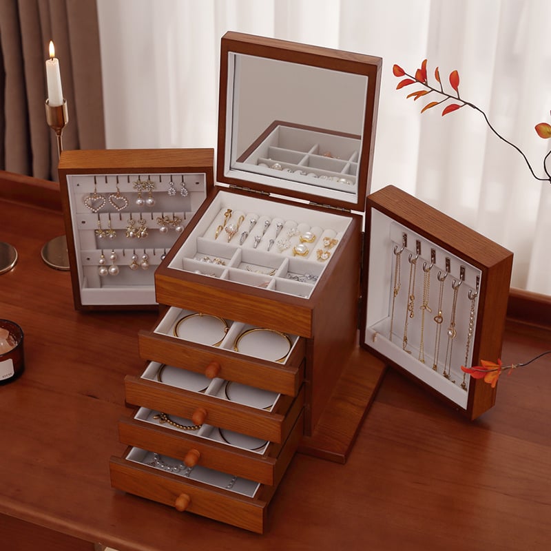 Fából készült ékszerdoboz, több rekesszel, modell 0907, kínai stílus, csíkos mintázat