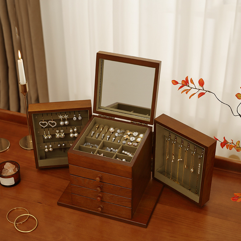 Fából készült ékszerdoboz, több rekesszel, modell 0907, kínai stílus, csíkos mintázat