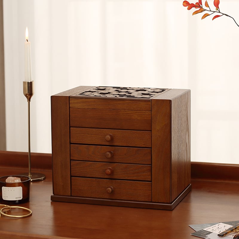 Fából készült ékszerdoboz, több rekesszel, modell 0907, kínai stílus, csíkos mintázat