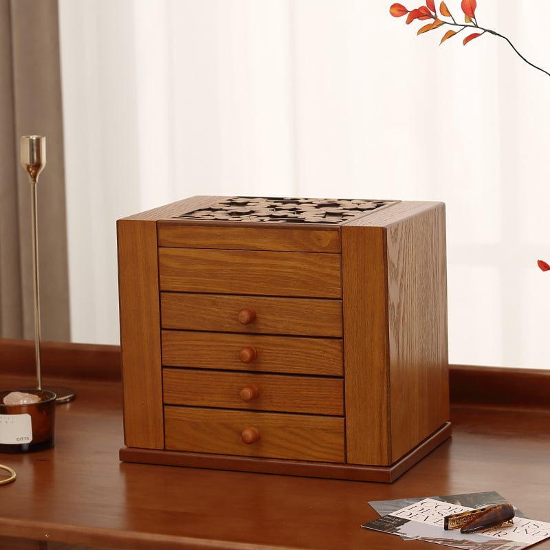 Fából készült ékszerdoboz, több rekesszel, modell 0907, kínai stílus, csíkos mintázat