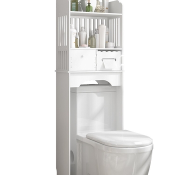 Полка за тоалетна и баня, подов шкаф с 4 нива, пластмасова конструкция със повърхност дървно-полимерна, товароподемност 10 кг