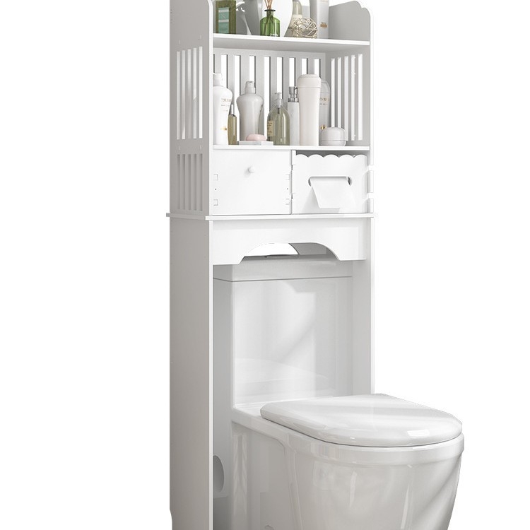 Полка за тоалетна и баня, подов шкаф с 4 нива, пластмасова конструкция със повърхност дървно-полимерна, товароподемност 10 кг