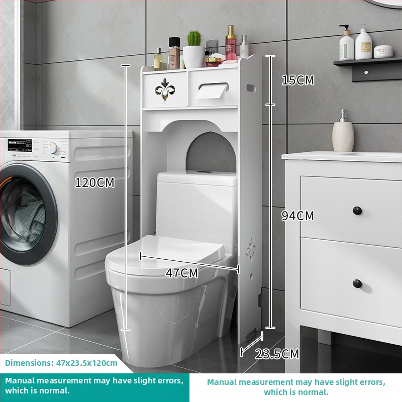 WC un vannas istabas uzglabāšanas plaukts, grīdas stāvošs skapis ar 4 plauktiem, plastmasas ar koksnes-plastmas pārklājumu, 10 kg slodze