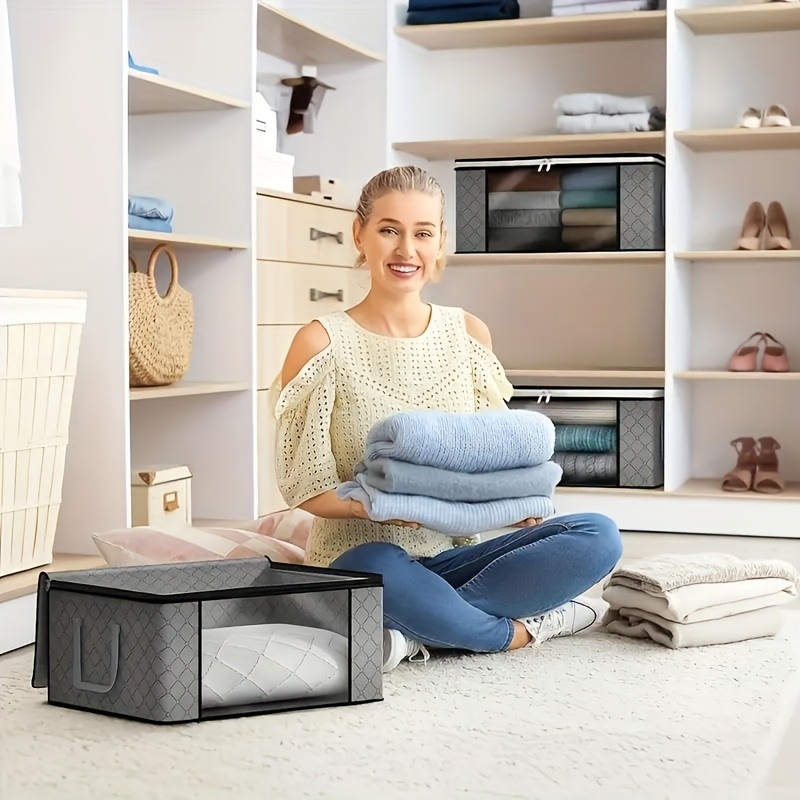 Чанта за съхранение на дрехи с прозорец, капак, дръжка и цип — сгъваема нетъкан текстилен органайзер за вътрешно настолно съхранение