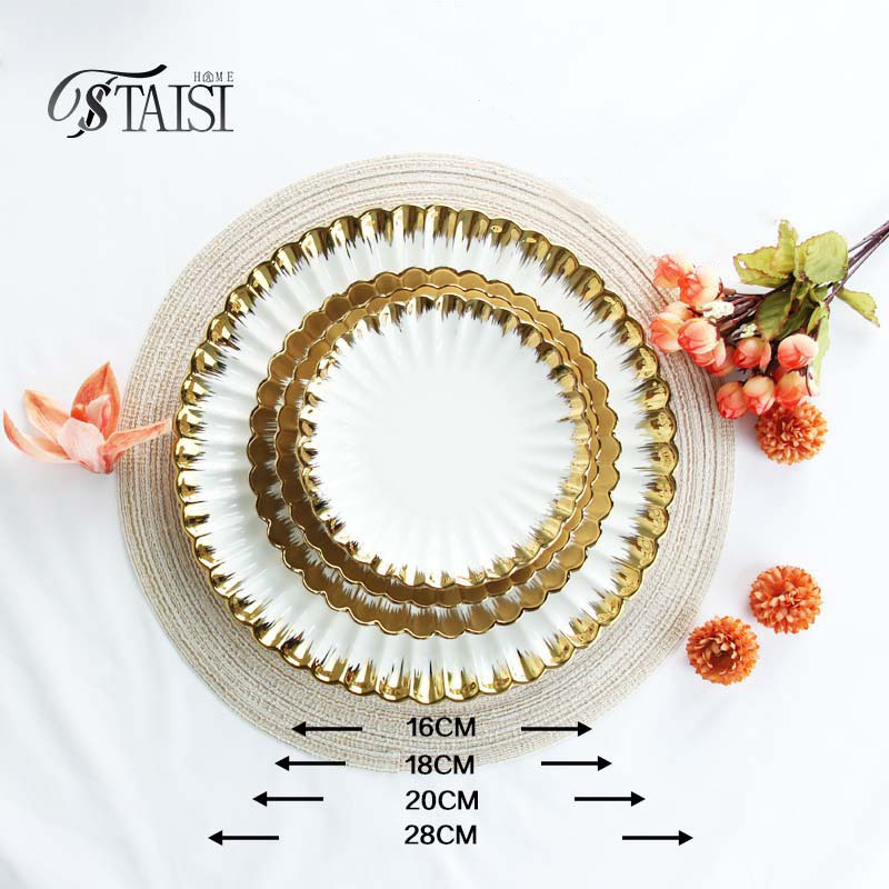 Дълбока кръгла керамична чиния с електроплатирана повърхност, микровълнова съвместимост, възможност за печат на лого