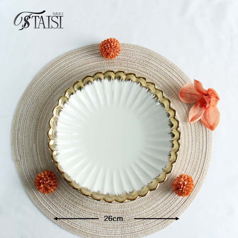 Дълбока кръгла керамична чиния с електроплатирана повърхност, микровълнова съвместимост, възможност за печат на лого