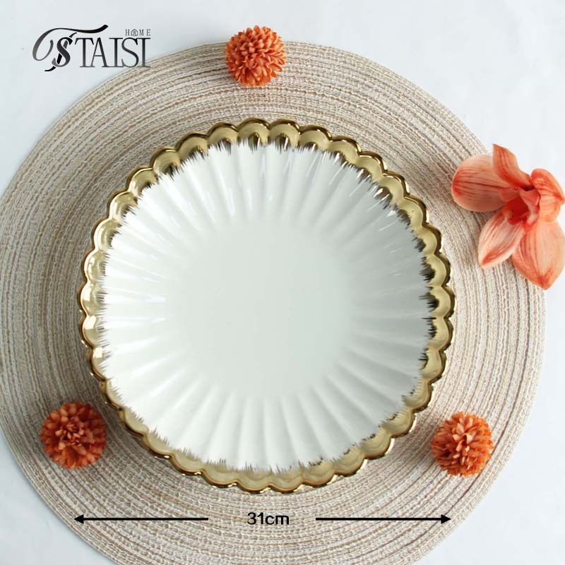 Дълбока кръгла керамична чиния с електроплатирана повърхност, микровълнова съвместимост, възможност за печат на лого