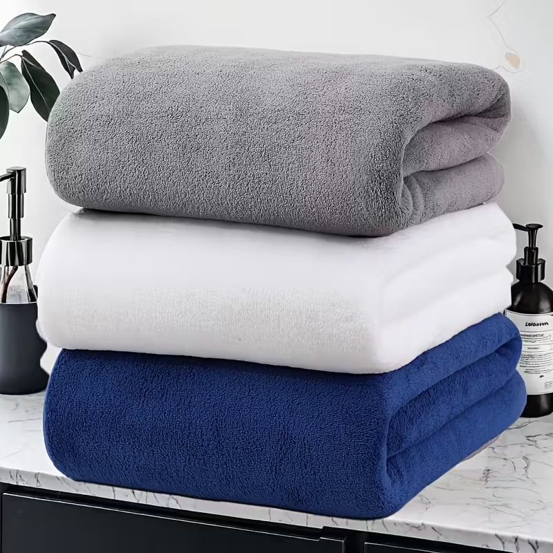 Комплект от три хавлии за баня и плаж – корална плюш, прежда 150D, подгъване и плоска тъкане, възможност за персонализирано лого