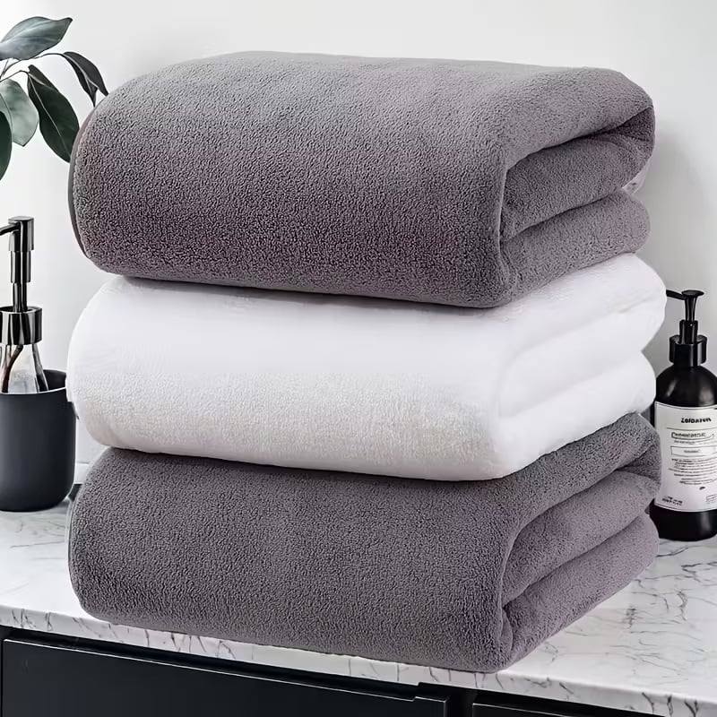 Комплект от три хавлии за баня и плаж – корална плюш, прежда 150D, подгъване и плоска тъкане, възможност за персонализирано лого